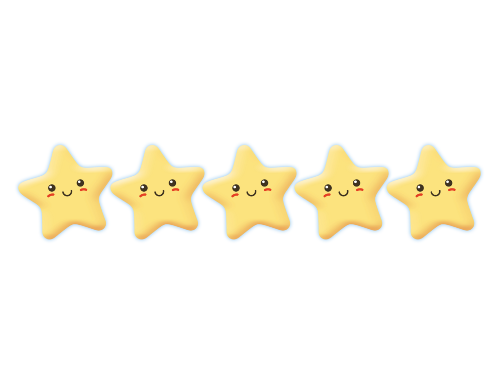 5 Yellow stars with eyes, rosy cheeks, and a small smile